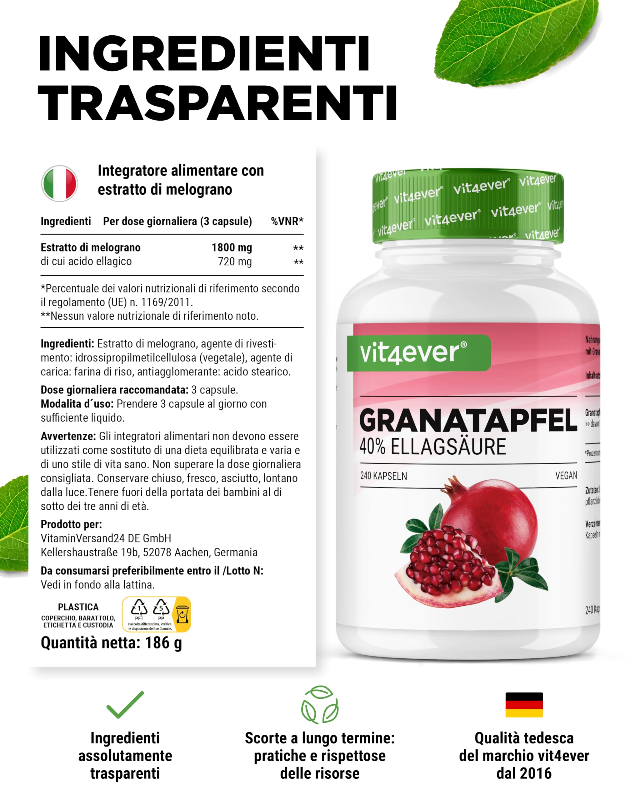 Estratto di melograno - 240 capsule vegane - Estratto naturale di qualità superiore con il 40% di acido ellagico - Dose elevata - Vegan