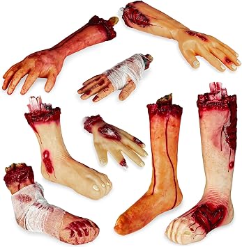 XONOR Halloween Fake Human Arm Plastic Hands Foot Bloody Dead Body Parts Haunted House Halloween Decorations8Pcs