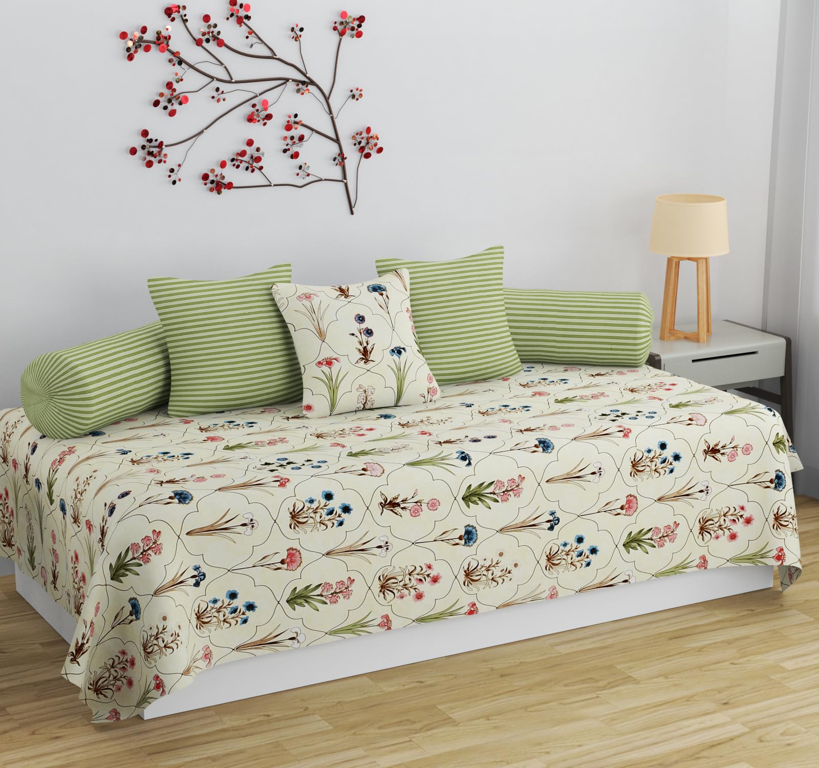 SVOYDECOR Pure Cotton Designer Printed Standard 6 Pieces Diwan Set Bedsheet Covers (1 Single Bedsheet, 2 Bolster Covers, 3 Cushion Covers, Multicolor Floral)-image-19