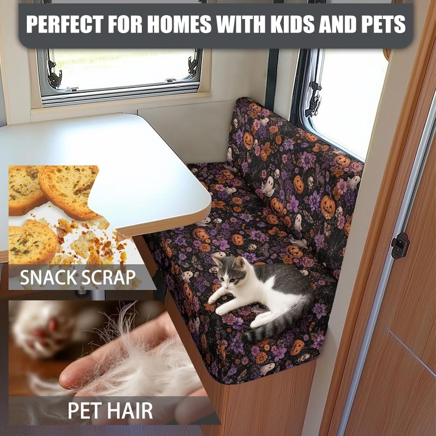 Halloween Ghost Pumpkin Daisy Print RV Dinette Cushion Slipcovers Stretch Camper Booth Seats Replacement Cover RV Sofa Furniture Protector-Bench & Backrest Covers, 2 Set