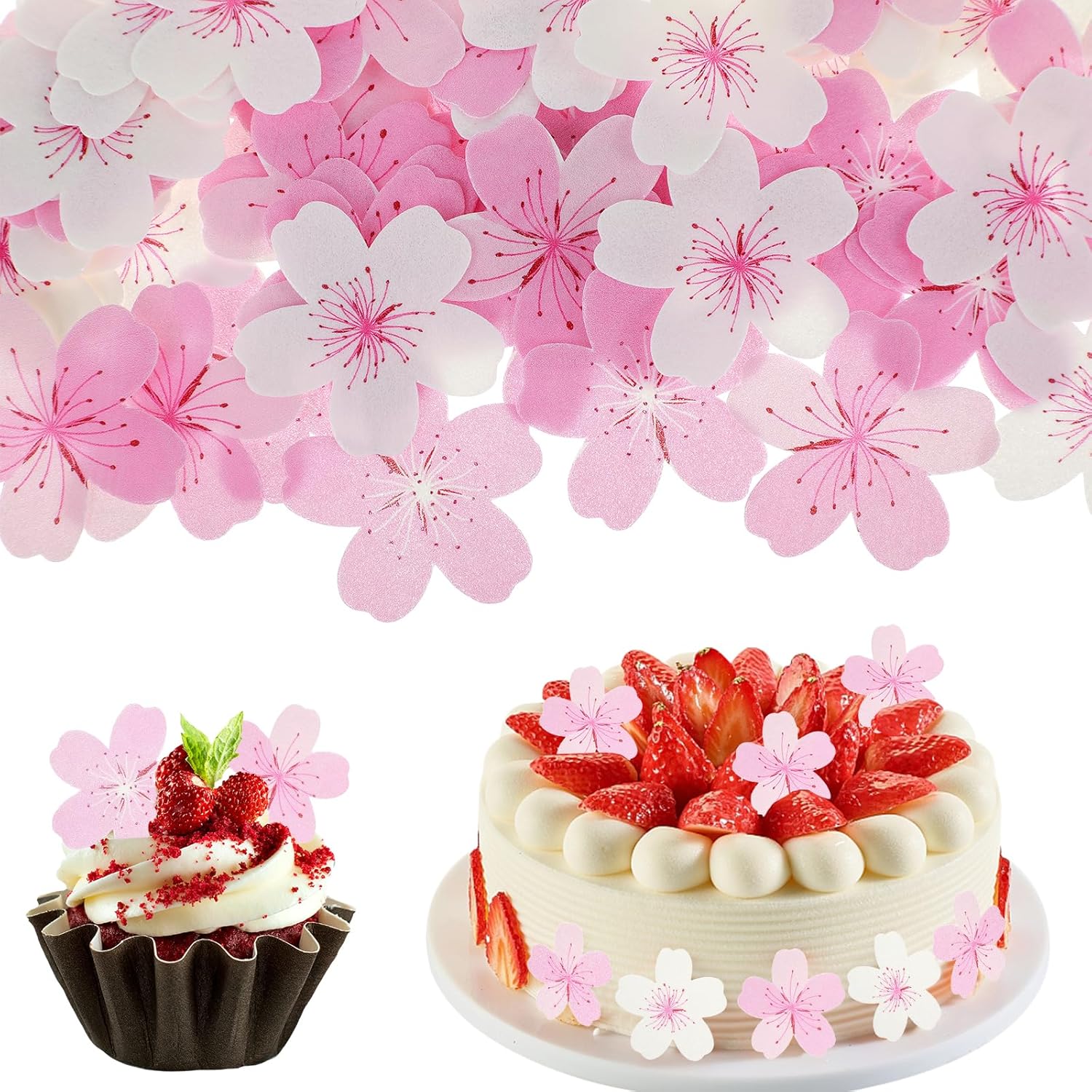 60 Pcs Cherry Blossom Cake Decorations, Pink Flowers Cake Topper, Rice