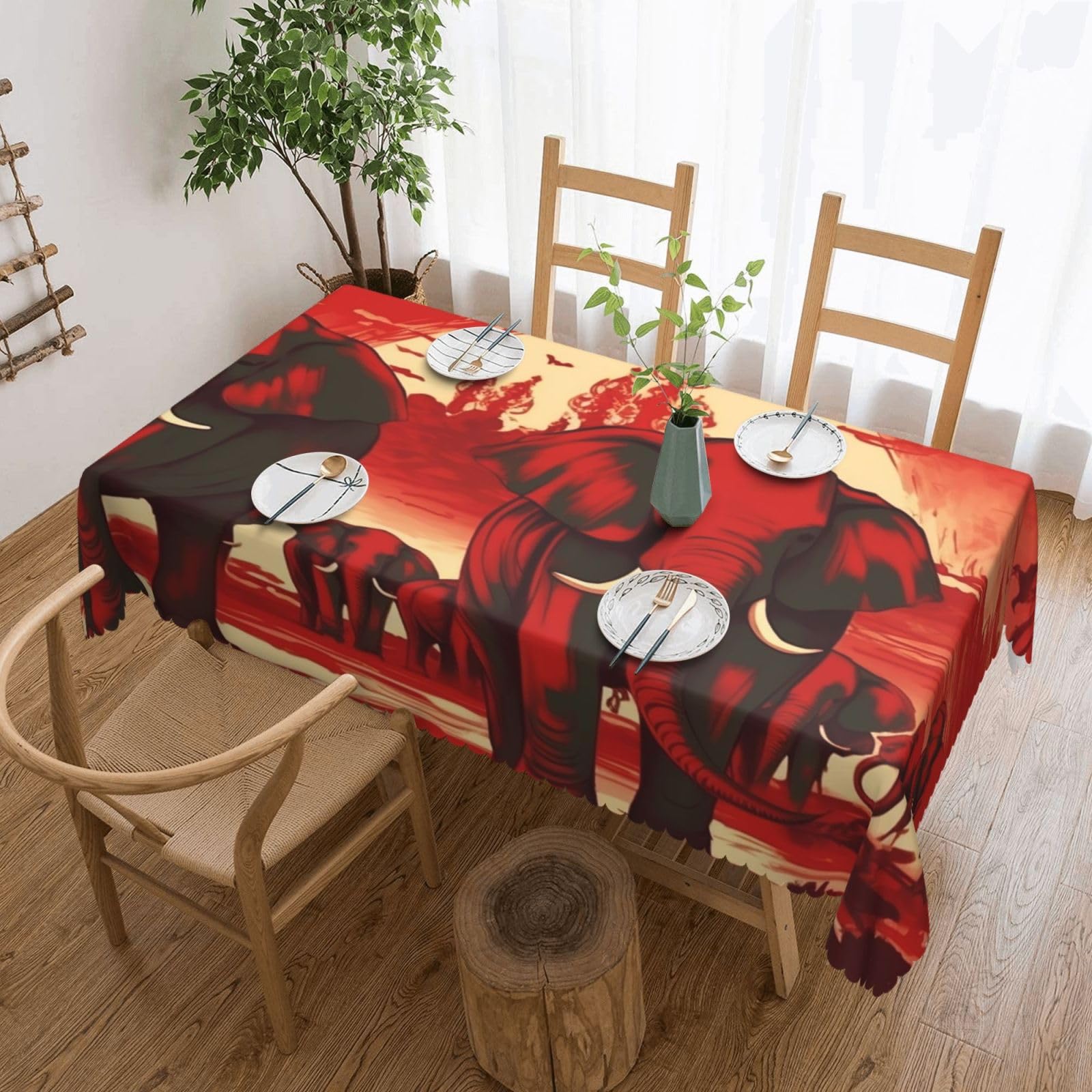 Fodpand Black Elephants Red Tablecloths For Rectangle Tables 72 X 54 Inches - Reusable And Washable Table Clothes Decorative Table Cover For Dining Tables, Buffet Parties, Wrinkle Resistant