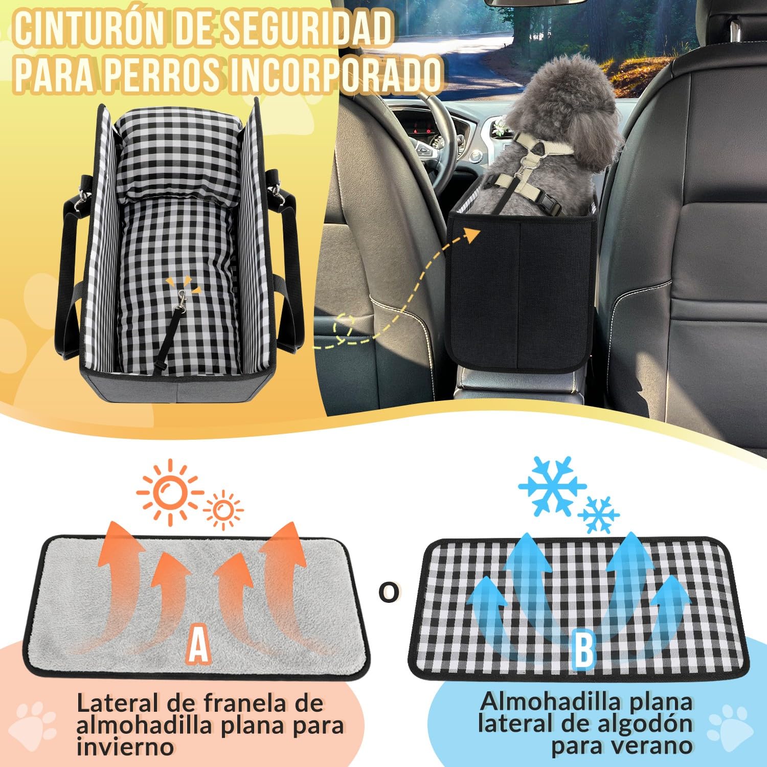SlowTon Asiento de Coche para Perro de Consola, Asiento Elevado para Mascotas en el Coche con Cinturón de Seguridad y Cojines Suaves, Consola Central Anticolapso con Soporte Desmontable
