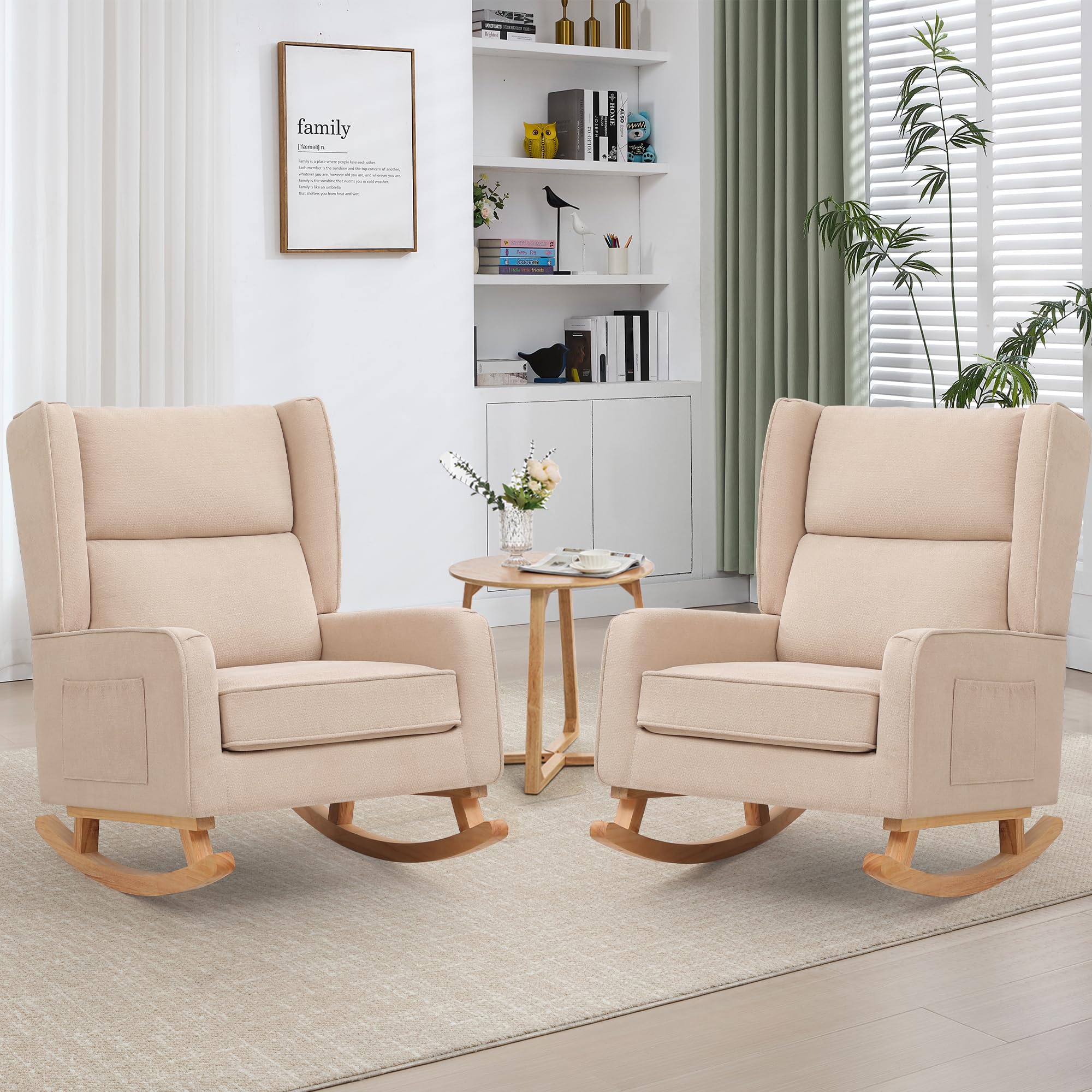 HCHAIRH Nursery Rocking Chairs, Rocking Chair Nursery for Mom Nursery Rocker with High Backrest and Solid Wood Legs, Modern Wingback Accent Chair Set of 2 for Reading Living Room Bedroom, Khaki
