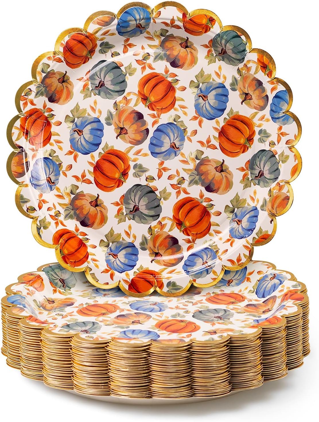 Thanksgiving Paper Plates, 50-Count Fall-Themed Decorative Disposable Serving Plates, Pale Apricot, Gold Foil Scalloped Edge, 9 Inches
