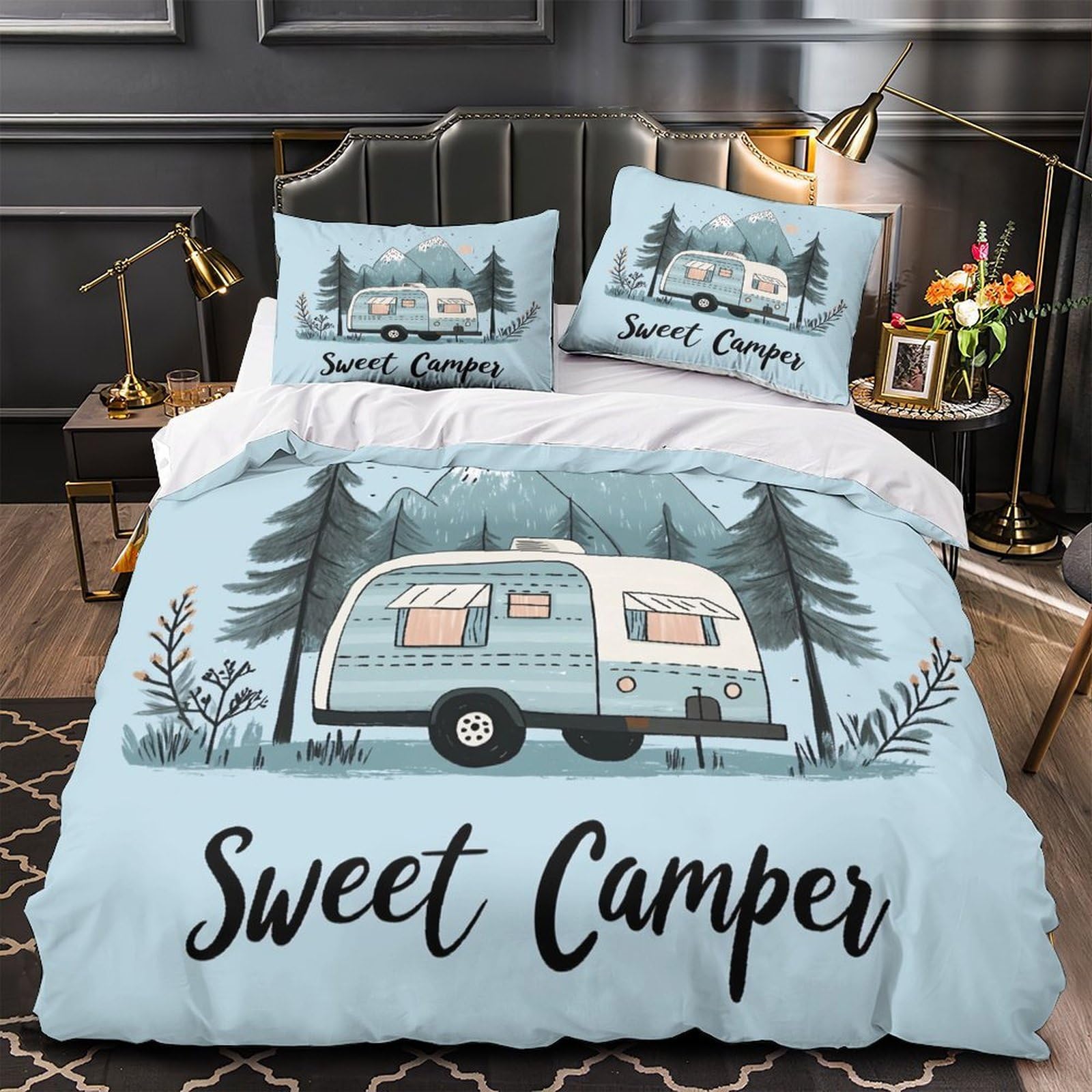 Housse de couette camping-car rétro 260x220 drap de couette microfibre avec 2 taies