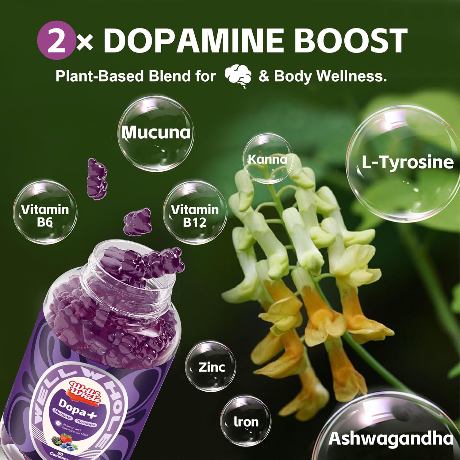 Well&Whole Dopamine Gummies - Mucuna Pruriens Supplements Gummies 500mg with L-Tyrosine 200mg & Ashwagandh, Mood & Focus Support, Berry Flavor, Non-GMO, Gluten-Free, 60cts (1) - Image 4