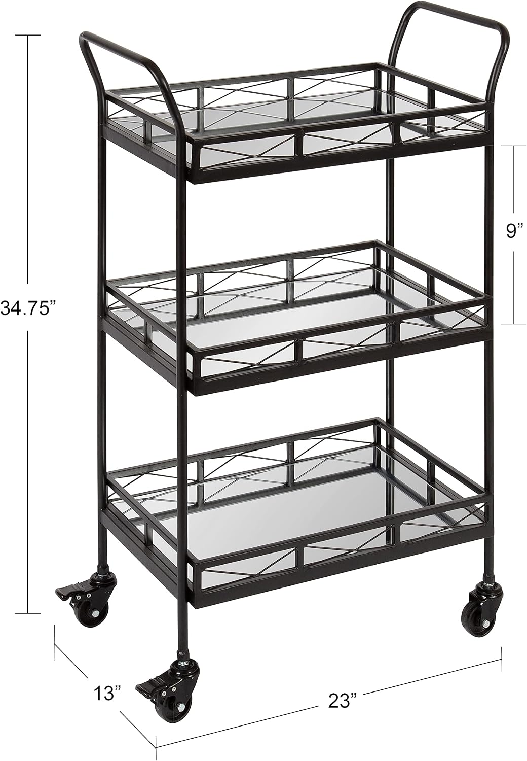 Kate and Laurel Ketia Modern Metal Bar Cart; 23 x 13 x 34; Black; Glamorous Three Tier Bar Cart for Display and Storage