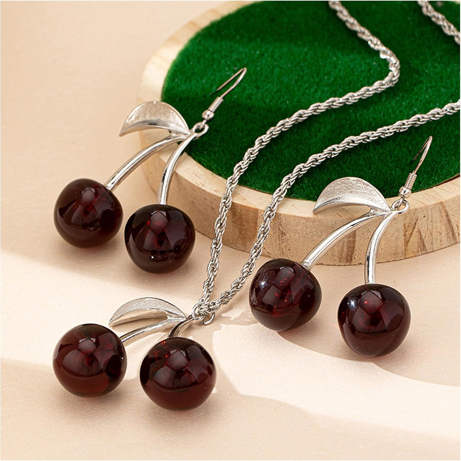 Red Cherry Earrings Necklace Set for Women Funny 3D Charm Cherry Pendant Necklaces Fruit Drop Dangle Earrings Cute Fruit Jewelry - Image 5