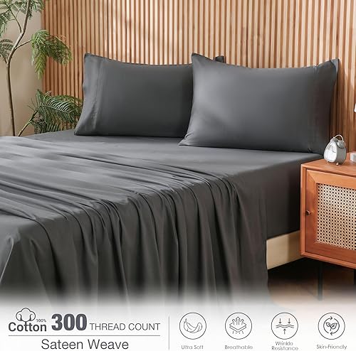 Miniatura 3 de JSD Juego de sábanas de 100% algodón gris oscuro tamaño King, 300 hilos, sábanas de satén con bolsillos profundos, suaves y transpirables