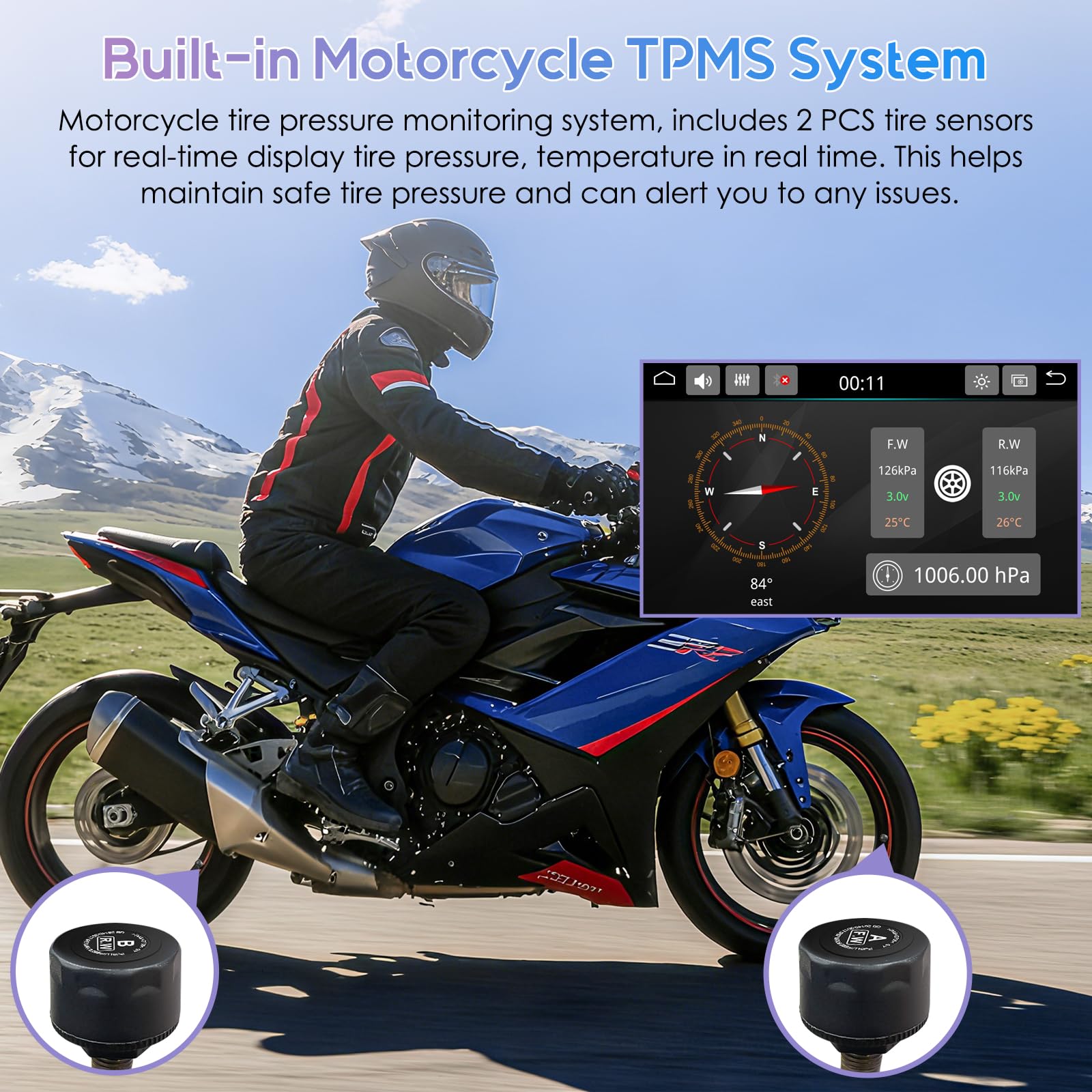 Carpuride W502TPRO do motocykli z CarPlay i Android Auto, TPMS i podwójnym Bluetooth – 5-calowy wodoodporny ekran nawigacji GPS do motocykli, interkom, korektor, czujnik światła, kompas, barometr