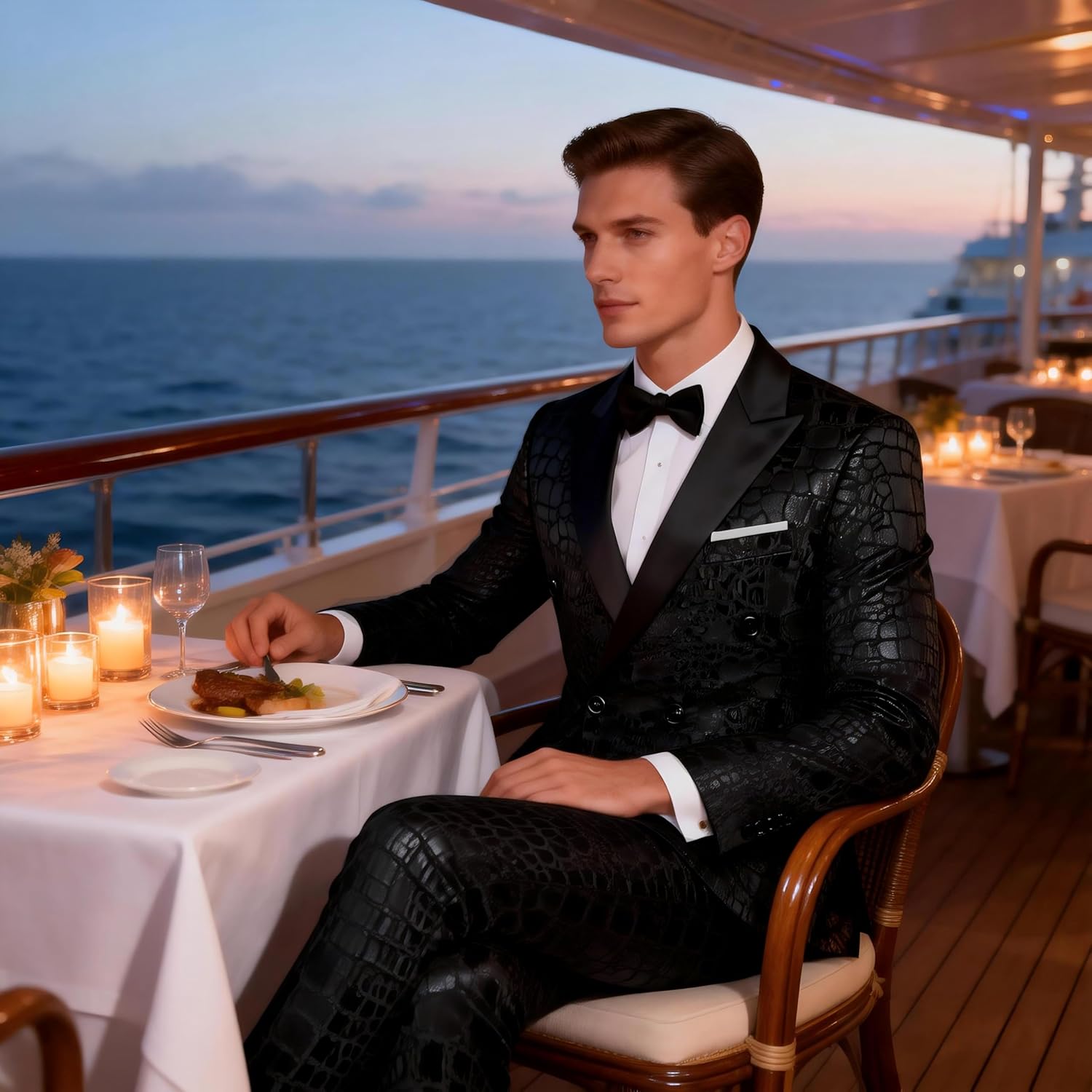 MOGU Mens 2 Piece Double Breasted Suit Jacquard Slim Fit Formal Groomsmen Wedding Party Black Tuxedo - Image 3