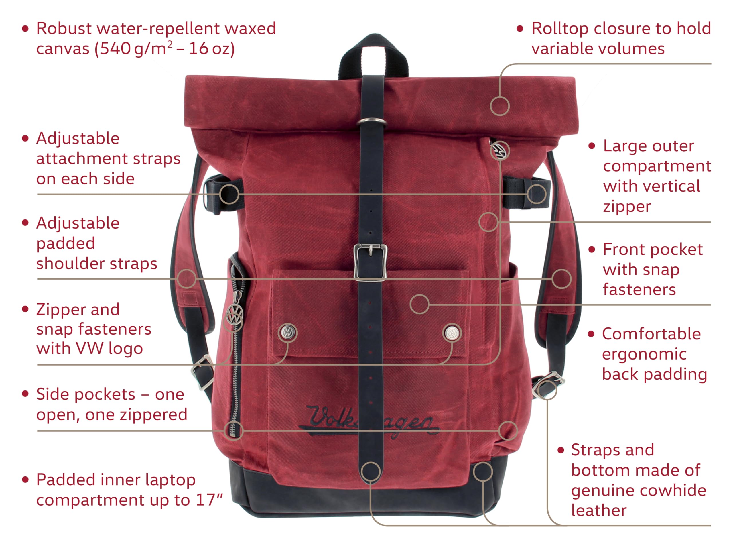 BRISA VW Collection – Rolltop Outdoor plecak podróżny, turystyczny, dla mężczyzn i kobiet, czerwony, 50 x 29 x 19 cm, vintage