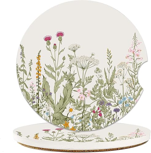 Posavasos para automóvil con diseño de hierbas y flores silvestres, paquete de 2 posavasos para automóvil, accesorios para interiores y mujeres,