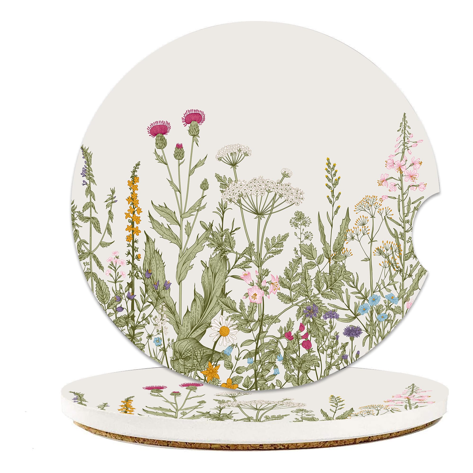 Herbs and Wilds Flowers Car Cup Holder Coasters, 2 Pack Cup Coasters Car Accessories Interior Aesthetic for Men Women, Absorbent Ceramic Coaster with Cork Back, Retro Car Decoration Gifts