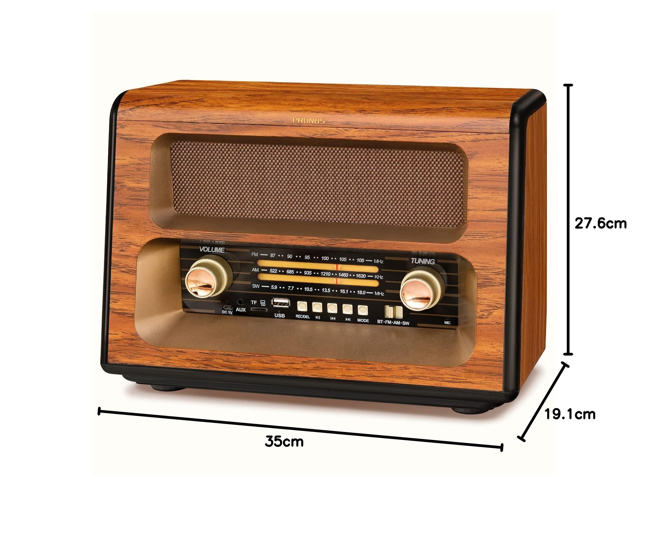 PRUNUS J-199 Poste Radio Vintage AM FM SW Avec Bluetooth, Rétro Transistor Rechargeable, 3 Modes d'Alimentation, Support Carte TF, USB