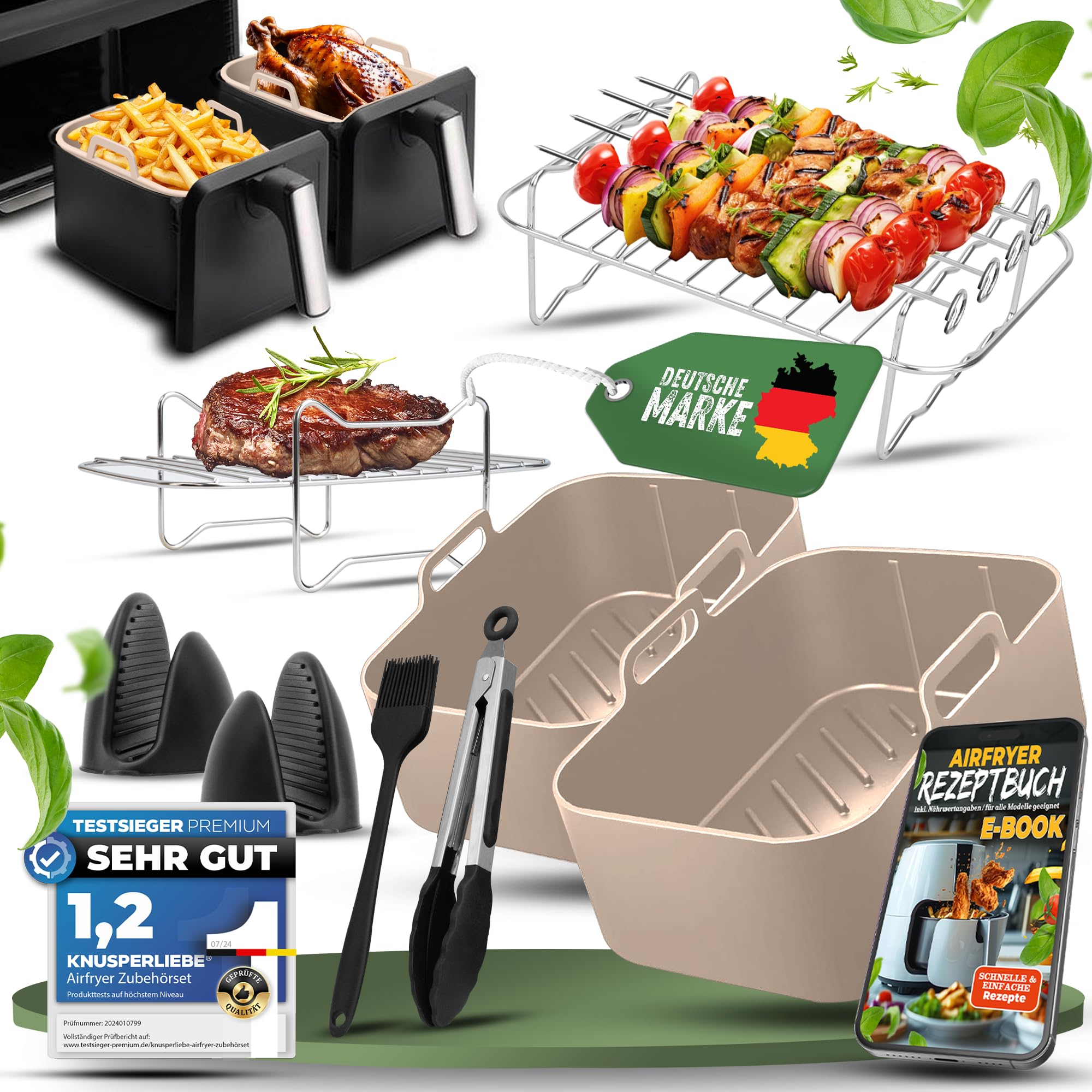 KNUSPERLIEBE Airfryer akcesoria 12-częściowy zestaw do frytkownicy na gorące powietrze do Ninja Dual Zone AF400EU, AF400EUCP, AF300EU i SL400EU – forma silikonowa, ruszt do grillowania, szpikulce 7,6