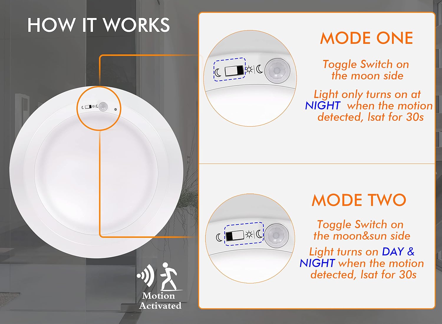 CLOUDY BAY 10 Inch Motion Sensor Ceiling Light with Photocell, 120V 18W 5000K Bright Day Light,10 inch LED Flush Mount Round Lighting Fixture for Garage,Walk-in Closet,Attic,Pantry