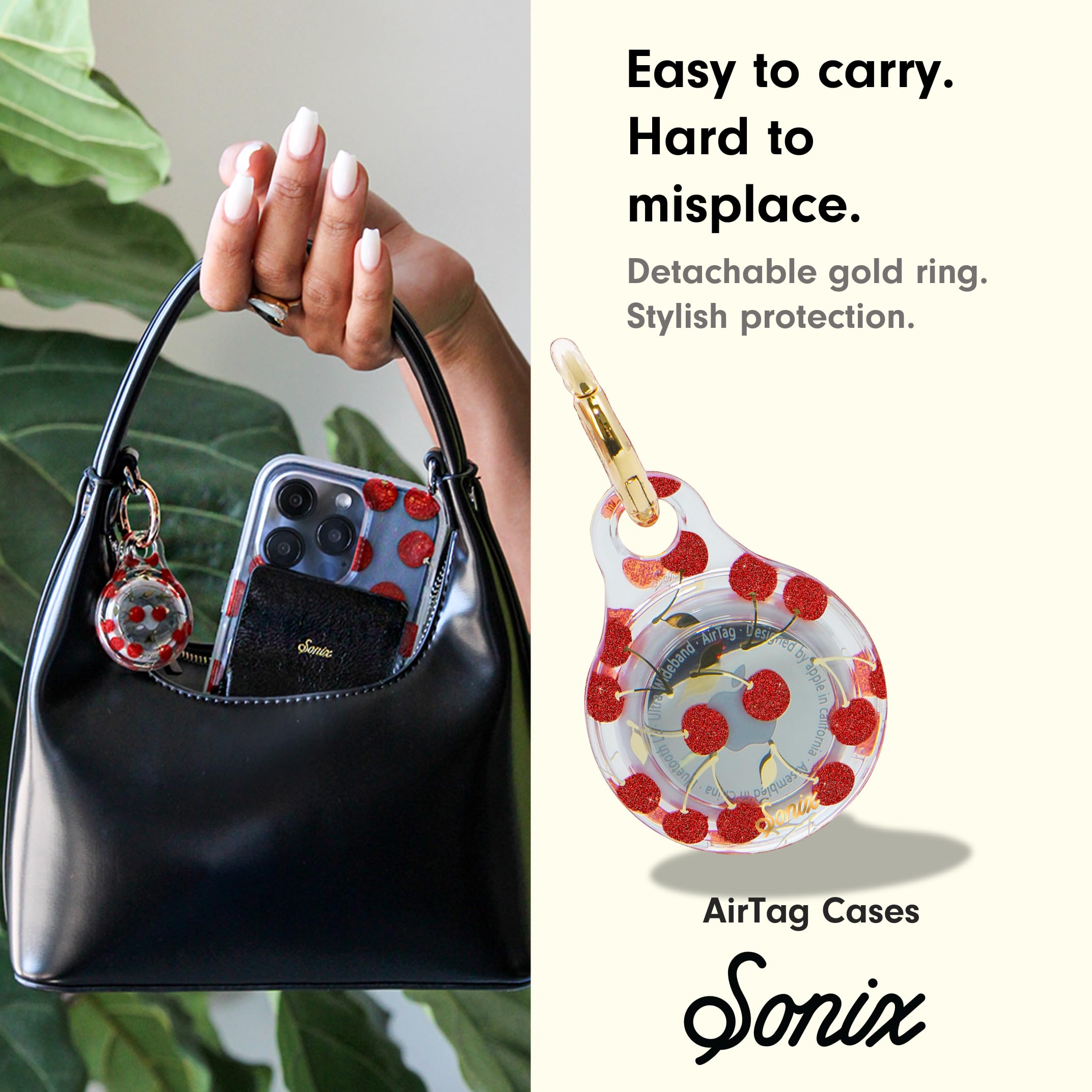 Sonix Sonix Case for Apple AirTags with Gold Carabiner | Hard Cover Protective Case Holder Keychain | Cherry in use