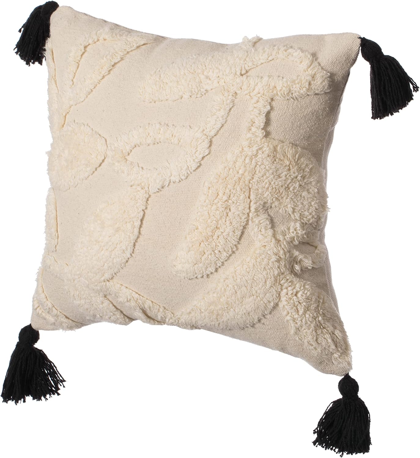 Deerlux 16" Handwoven Cotton Throw Pillow Cover with White Tufted Stem Pattern and Black Tassel Corners, White