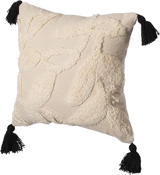 Deerlux 16" Handwoven Cotton Throw Pillow Cover with White Tufted Stem Pattern and Black Tassel Corners, White