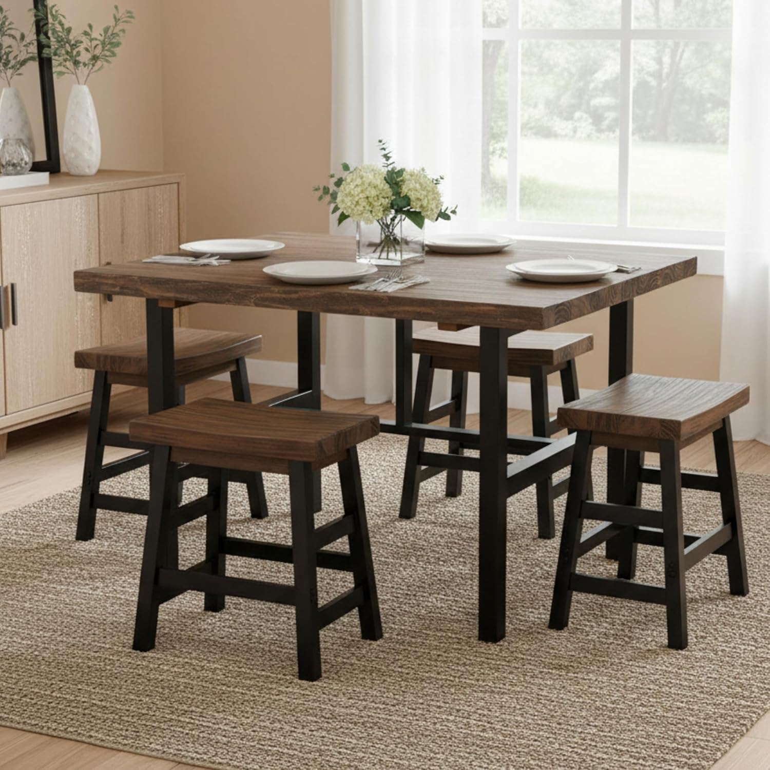 Alaterre Furniture Pomona Dining Collection – Set of 2 Backless Counter Height Barstools with Rustic Brown Solid Wood Seats and Black Metal Legs – 20” Rustic Industrial Farmhouse Kitchen Counter Stool