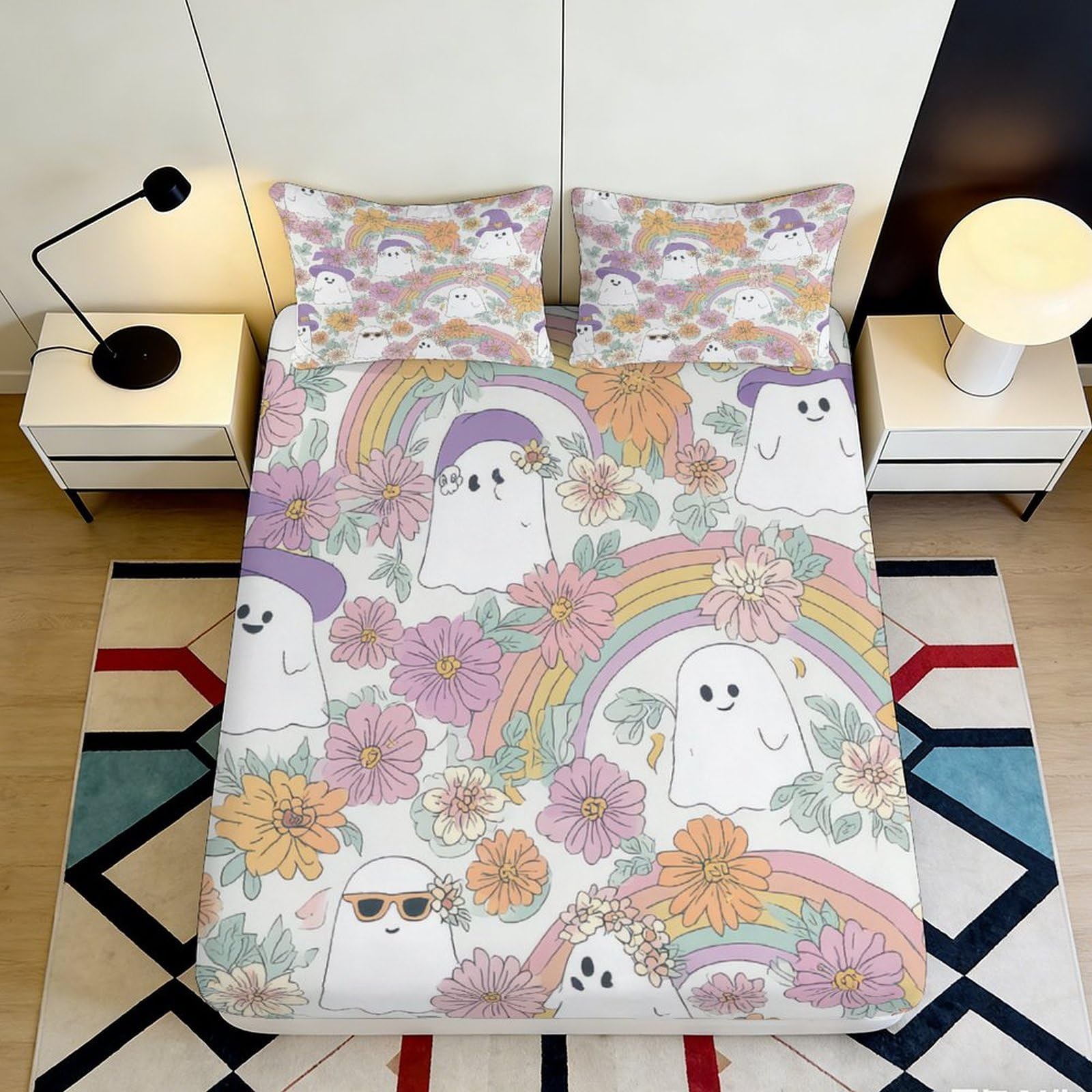 3D Printed Rainbow Ghost Fitted Sheet Microfiber Deep Pocket Non-Slip Bedding Set Cute Rainbow Ghost Mattress Fitted Cover for Teens Adults Washable 90x200x25cm