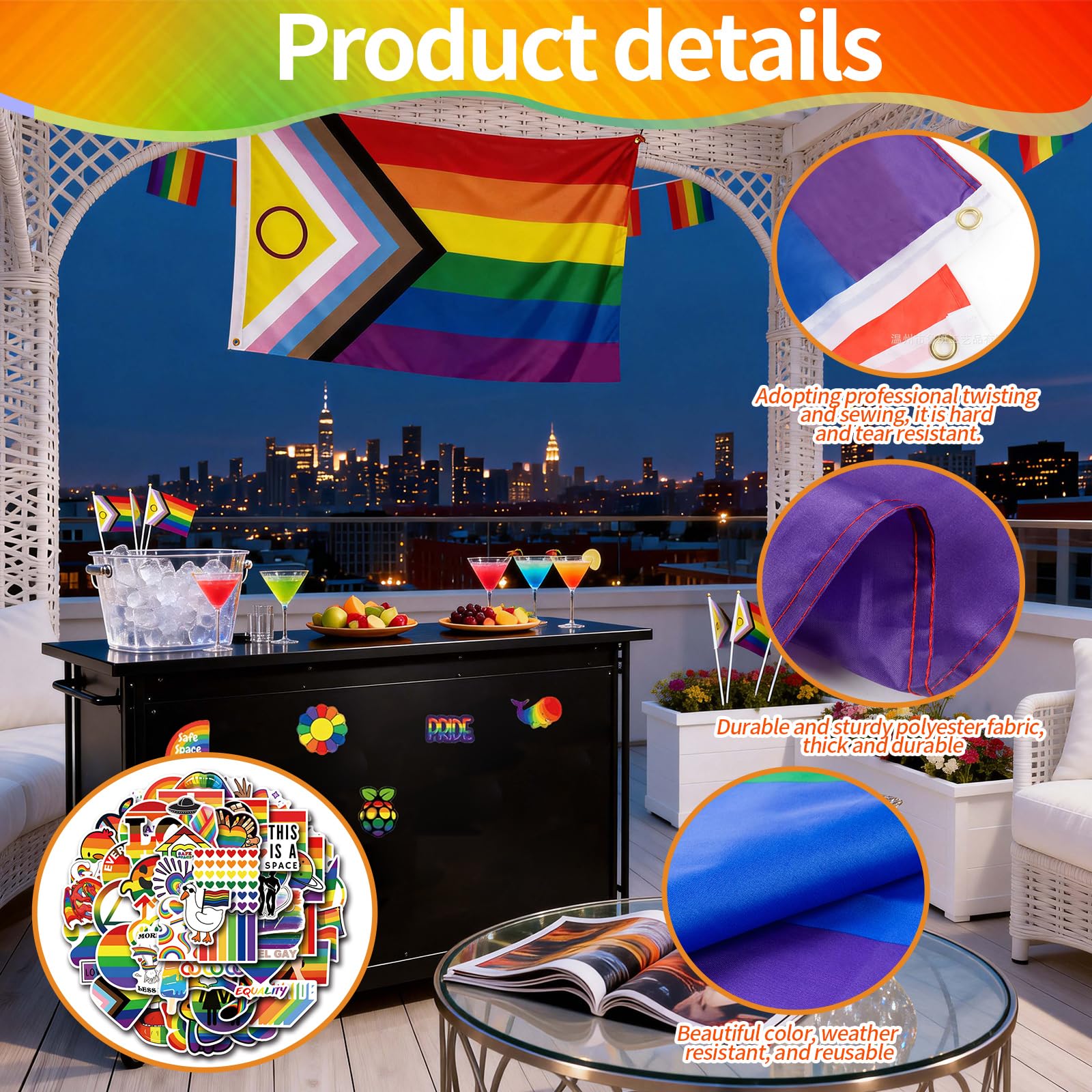 Set di Adesivi e Bandiera Rainbow per Orgoglio LGBTQ, 1 Bandiera Grande, 6 Piccole Bandierine e 55 Adesivi, Decorazioni per Feste e Celebrazioni