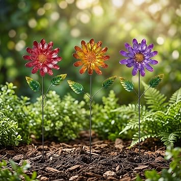 DUSVALLY Metal Flower Garden Stakes, Weatherproof Rustproof Yard Art Decor, Outdoor Ornaments for Lawn Patio Pathway Plant Pot,3 Pack