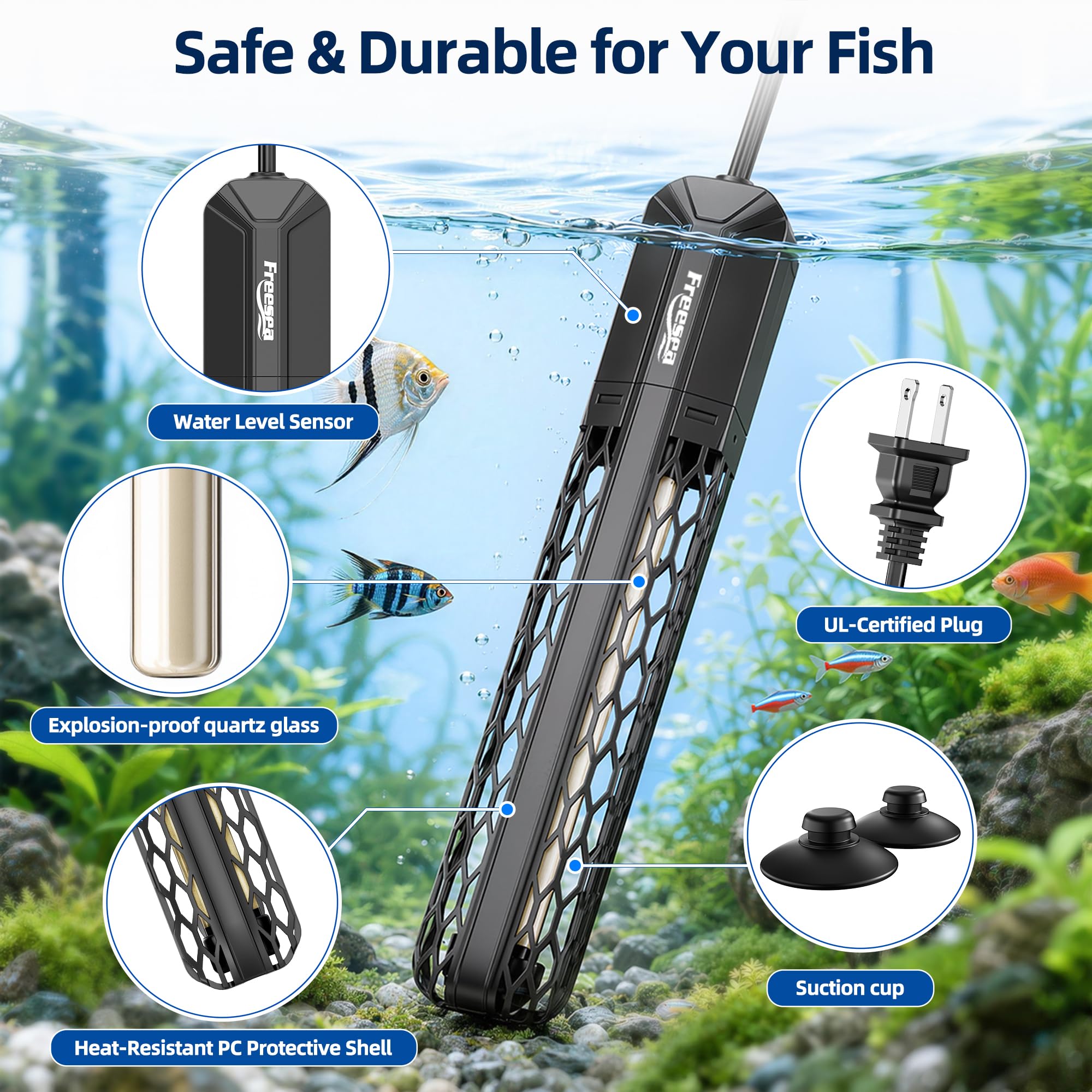 FREESEA Chauffage d'aquarium pour aquarium : 100 W/200 W/300 W/500 W - Chauffage submersible pour aquarium avec protection contre la surchauffe et hors de l'eau pour eau salée et eau douce 20