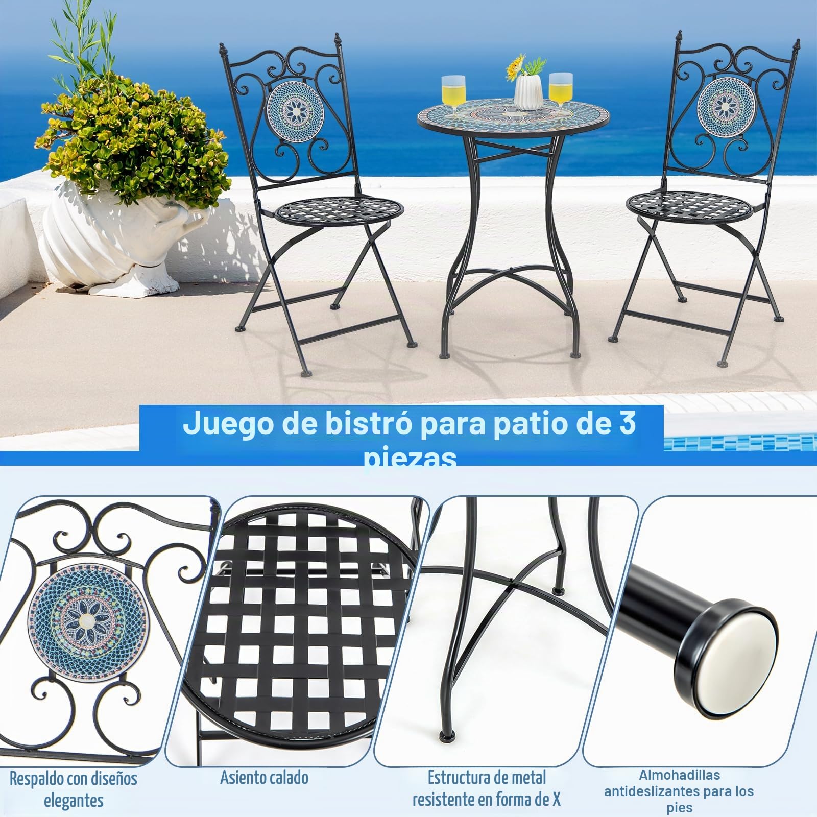 GIANTEX Juego de 2 Sillas de Mosaico para Exterior, Sillas de Bistro con Asiento y Respaldo Ahuecados, Marco de Metal, Conjunto de Sillas Plegables con Patrones de Mosaico para Terraza, Patio, Jardín