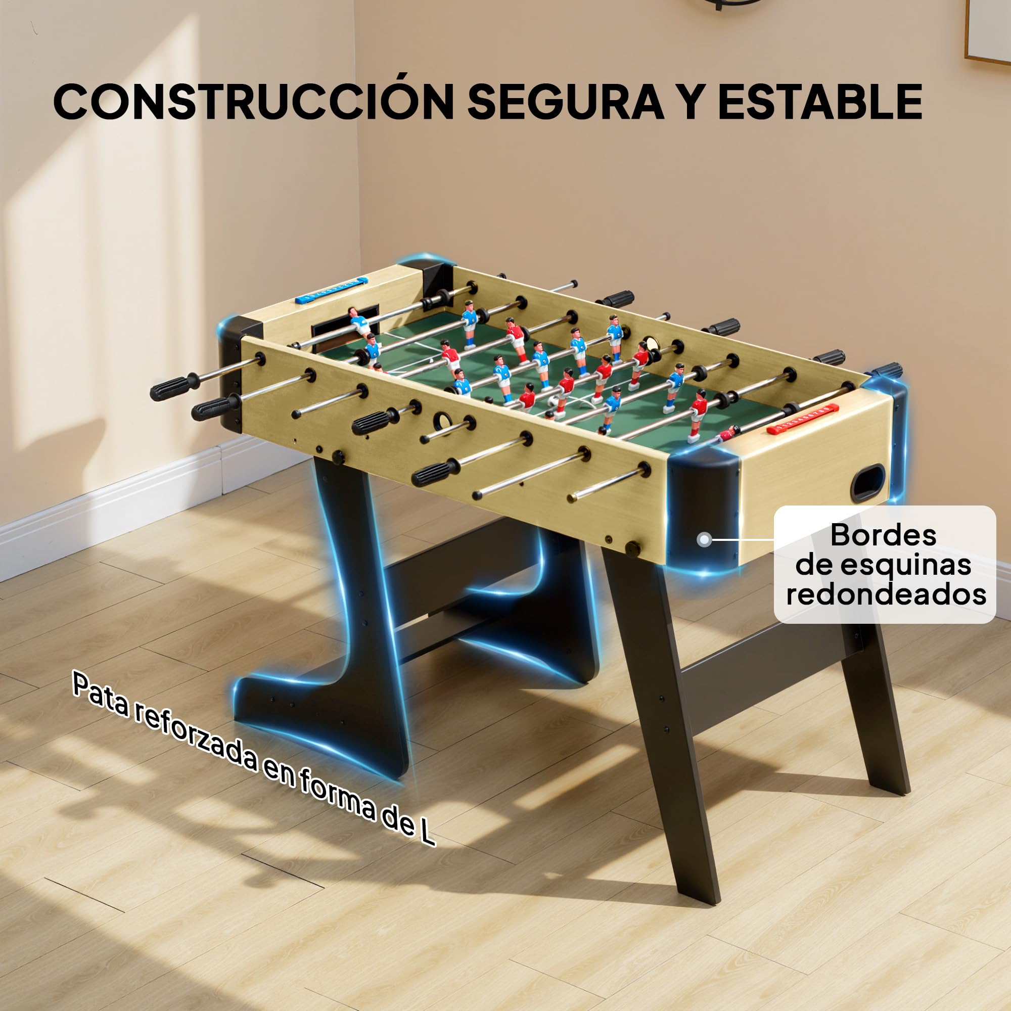 SPORTNOW Futbolín para Niños Plegable, Mesa de Futbolín de Madera con 2 Marcadores, 8 Asas, 22 Jugadores, 8 Barras y 2 Bolas, para 2 a 4 Personas, Adultos, Familias, Fiestas, 118x107,5x78 cm, Natural