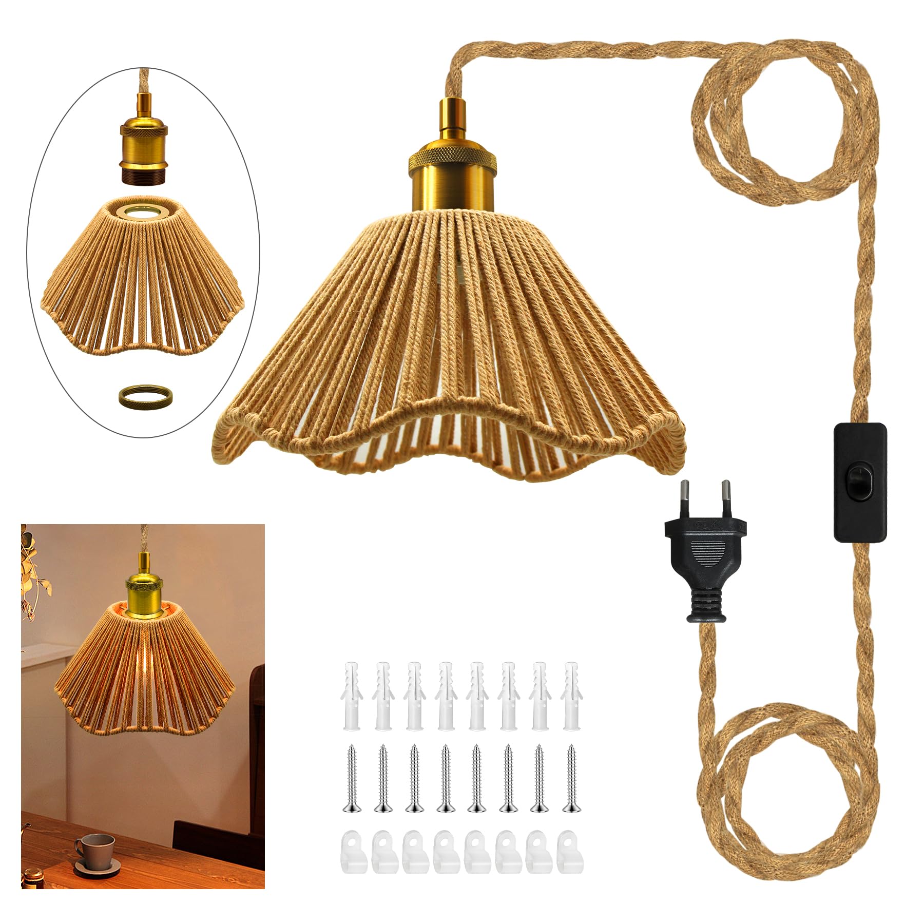 Industrielle Hängelampe mit Stecker,Retro Hanf Seil Pendelleuchten mit 16.7Ft Schalter Kabel,Vintage Lampenfassung E27 mit Kabel, Rustikale Plug In Deckenleuchte mit Gewebten Lampenschirm,Für Balkon