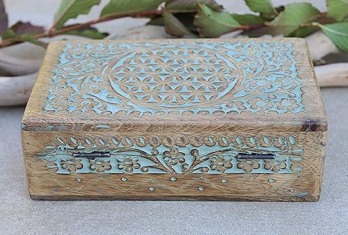 Miniatura 3 de DharmaObjects Caja de almacenamiento de madera tallada a mano (turquesa, grande)