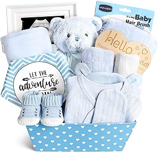 Unique Baby Boy Gift Set: Bear Rattle, Blanket, Onesie & Wooden Keepsake Basket