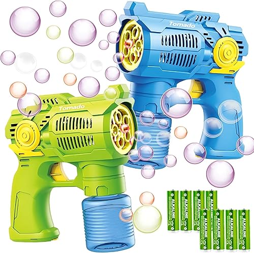 Miniatura 8 de Juego de 2 pistolas de burbujas con baterías, juguetes sopladores automáticos de burbujas para niños y niños pequeños, 1 verde + 1 disparador