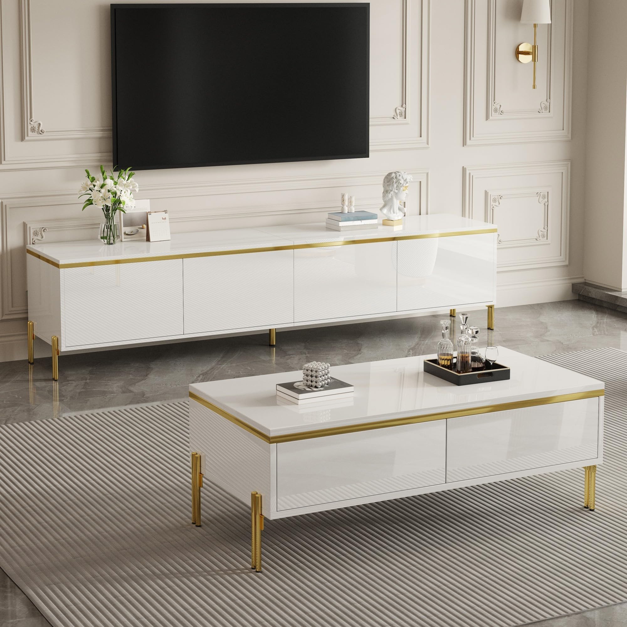 Modernes Luxus-TV-Schrank- und Couchtisch-Set, Hochglänzende Oberfläche in Unifarbe, Goldene Kanten, Großzügiger Stauraum (Weiß, Couchtisch-Set)
