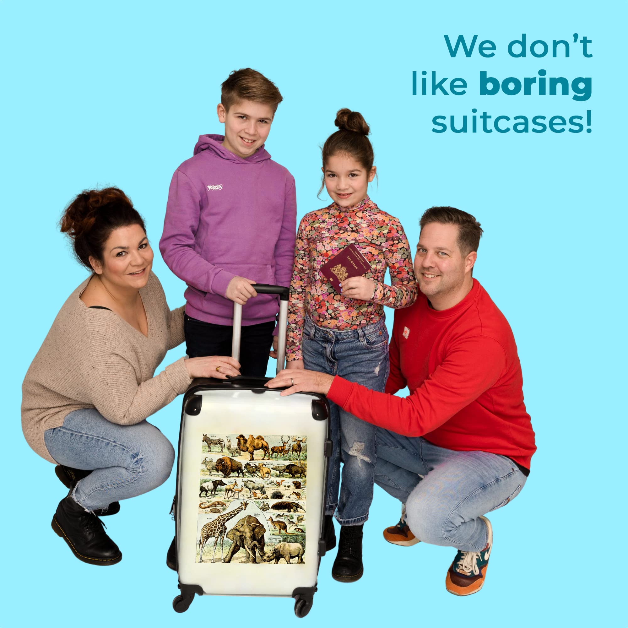 NoBoringSuitcases© Valigia Grande - Trolley Rigido 4 Ruote - 90 Litri | Vintage - Fauna Selvatica - Safari - Illustrazione - Arte - Lucchetto a Combinazione TSA