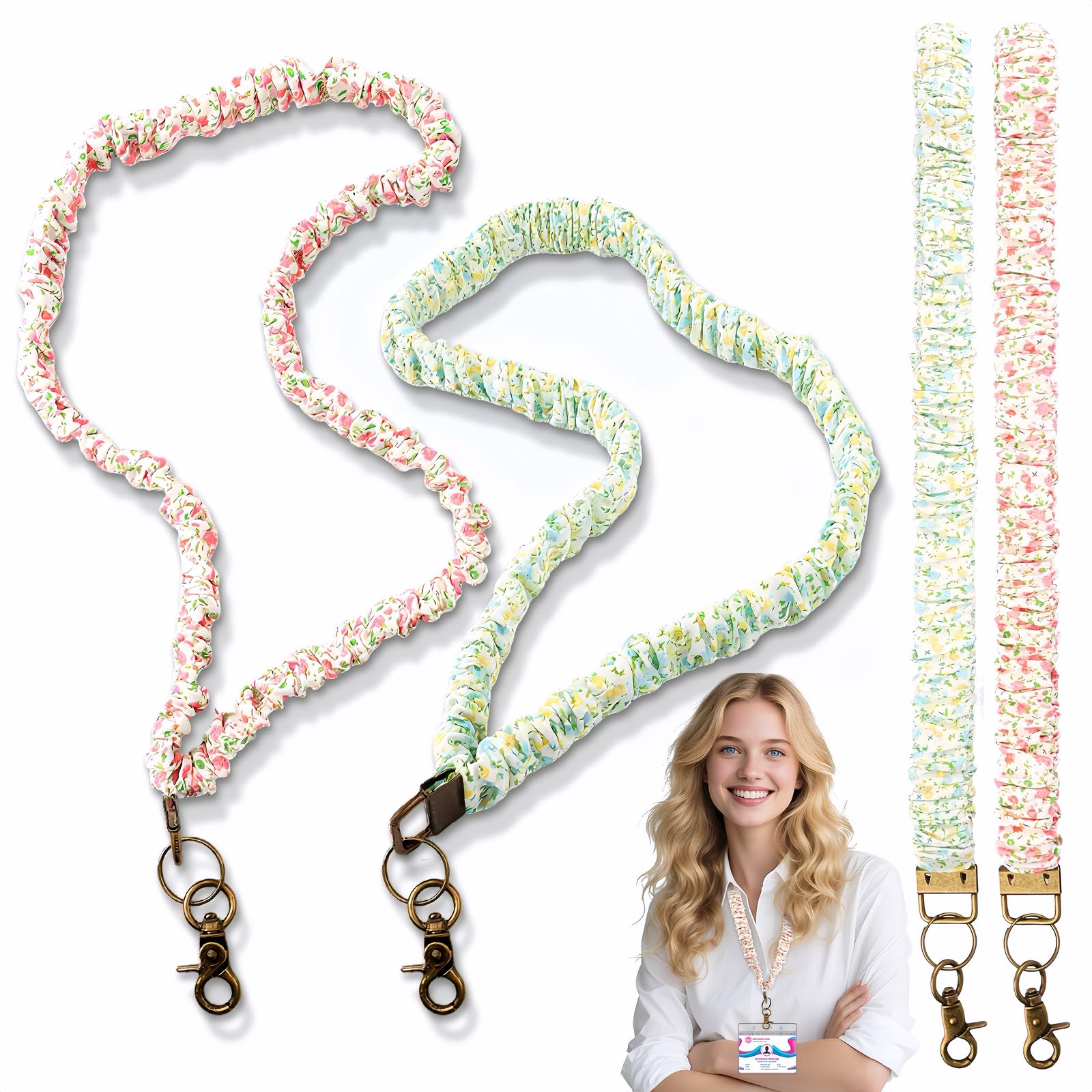2 Pack Cottagecore-Style Scrunchie Lanyards for ID Badges and Keys - Pink & Green Floral Print Retractable Keychain Neck Stretchy Lanyard with Clip Closure for Teachers, Nurses, School, Office
