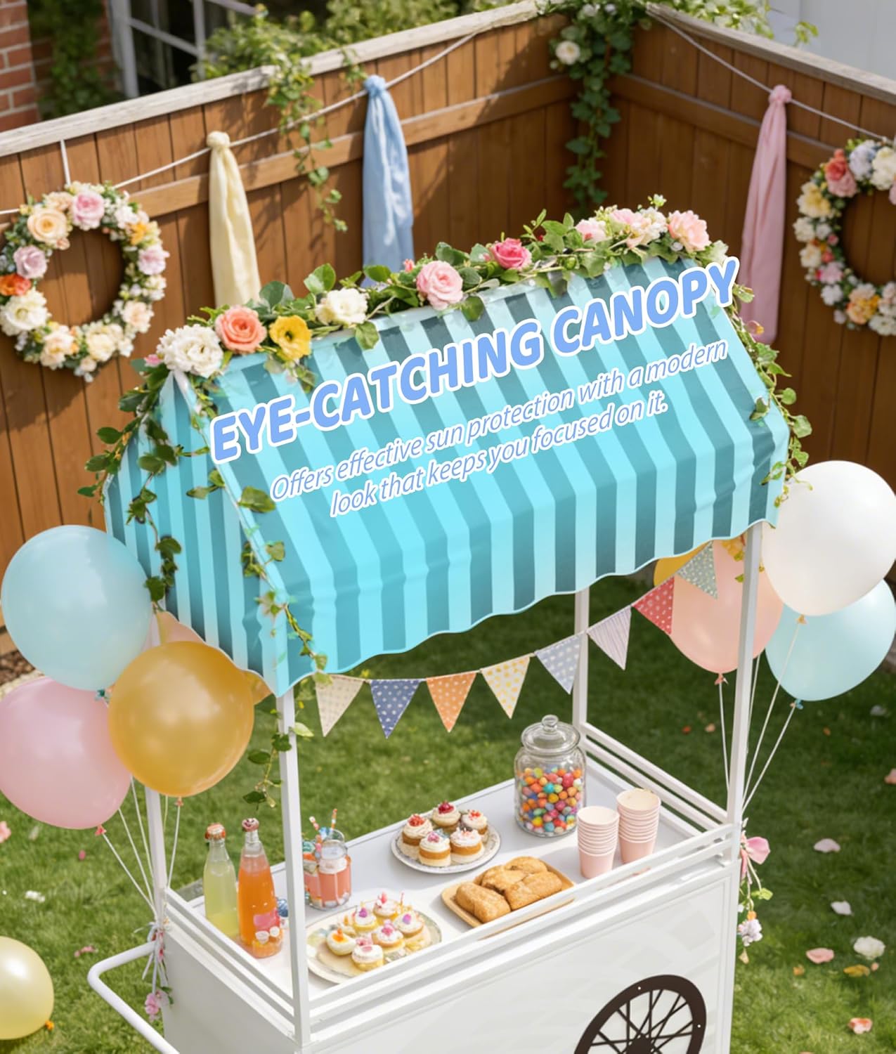 Portable Candy Cart with Canopy, 77in Tall Outdoor Food Cart 3 Drawers & Storage Cabinet 360° Large Wheels Heavy Duty Utility Cart for Party Concession Business (Small Wheel)