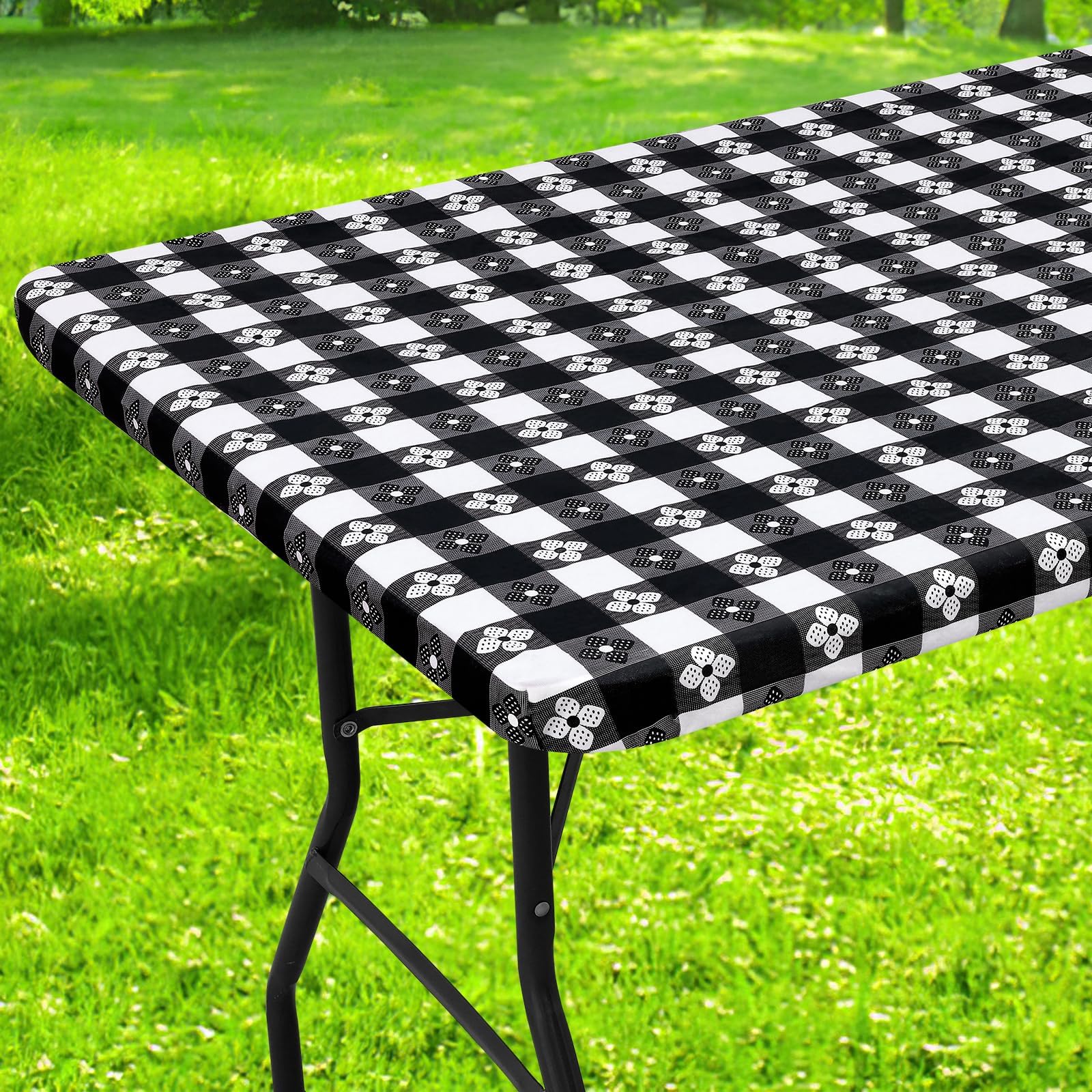 Rectangle Picnic Table Cloth, Waterproof Elastic Fitted Outdoor Table Covers for 6 Foot Tables, Flannel Backed Plastic Vinyl Tablecloths for Camping, Dining and Indoor (30"x72", Black & White)