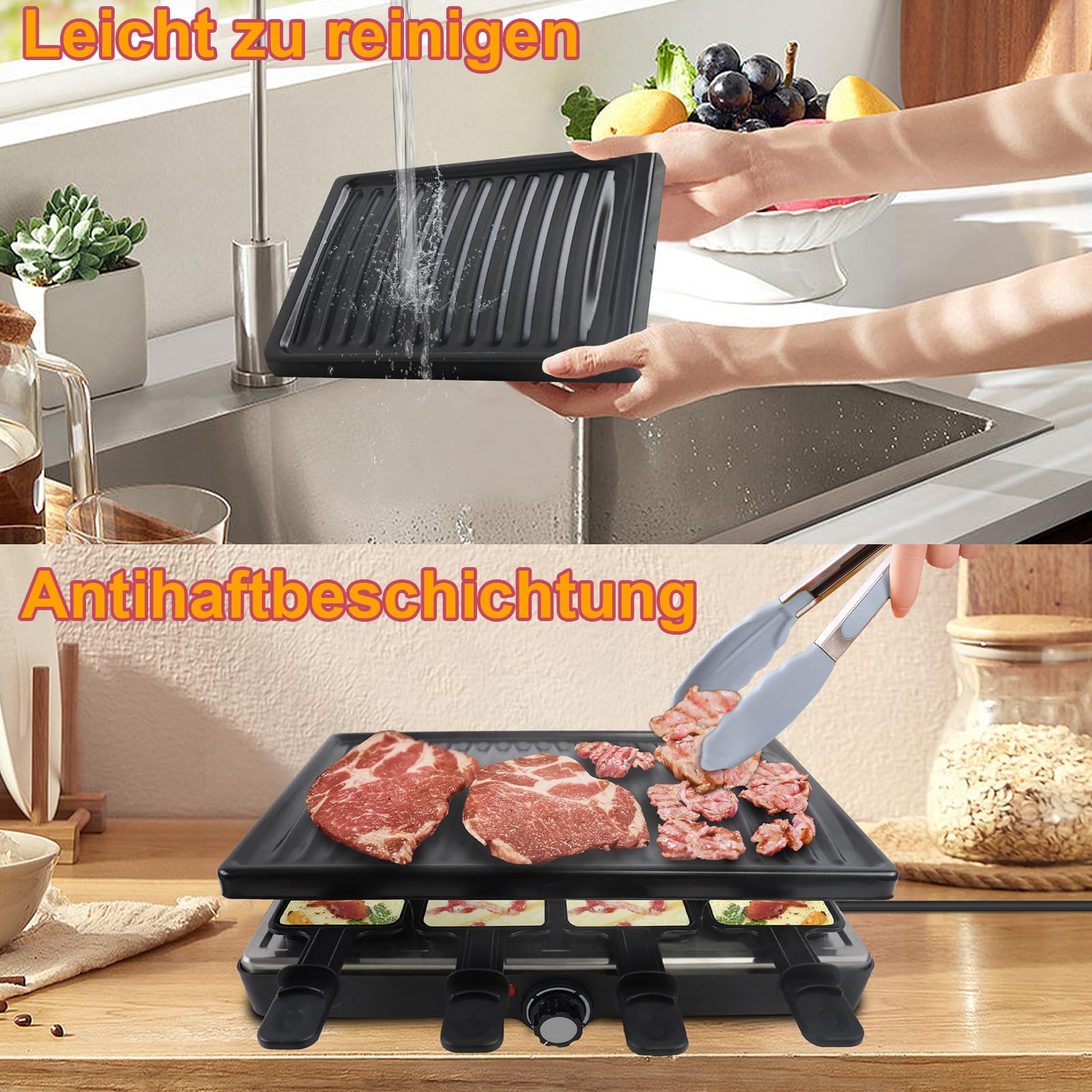 UISEBRT 1400W Raclette Grill für 8 Personen Elektrogrill mit Granitplatte & Grillplatte Antihaftbeschichtung Elektrisch Grillpfanne Set Tischgrill für Weihnachten Party Camping