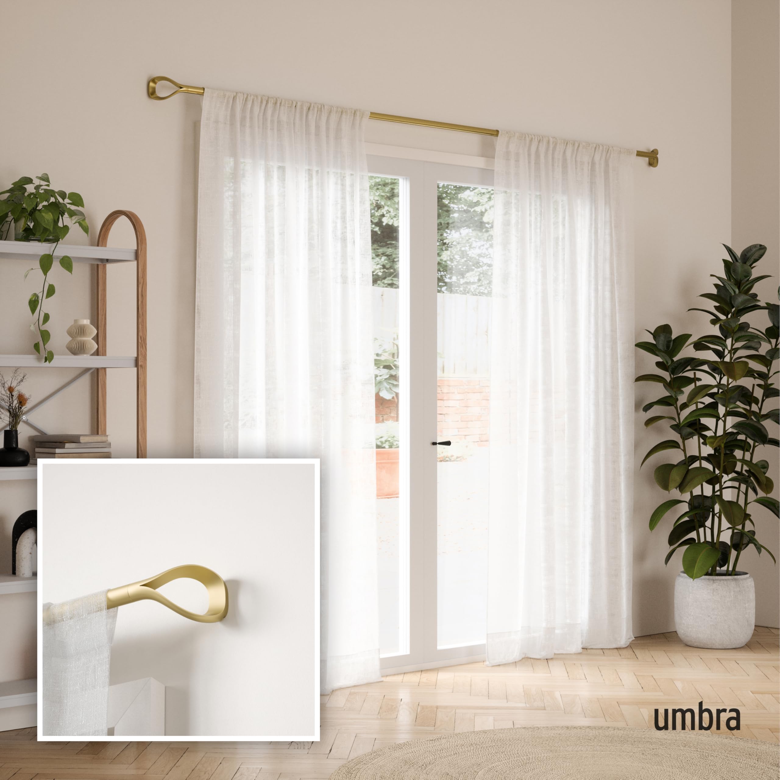 Umbra Loop Ausziehbare Vorhangstange mit D25mm, Verstellbare Länge 107-305 cm, Set inkl. Endstücke und Befestigungsmaterial, Gold