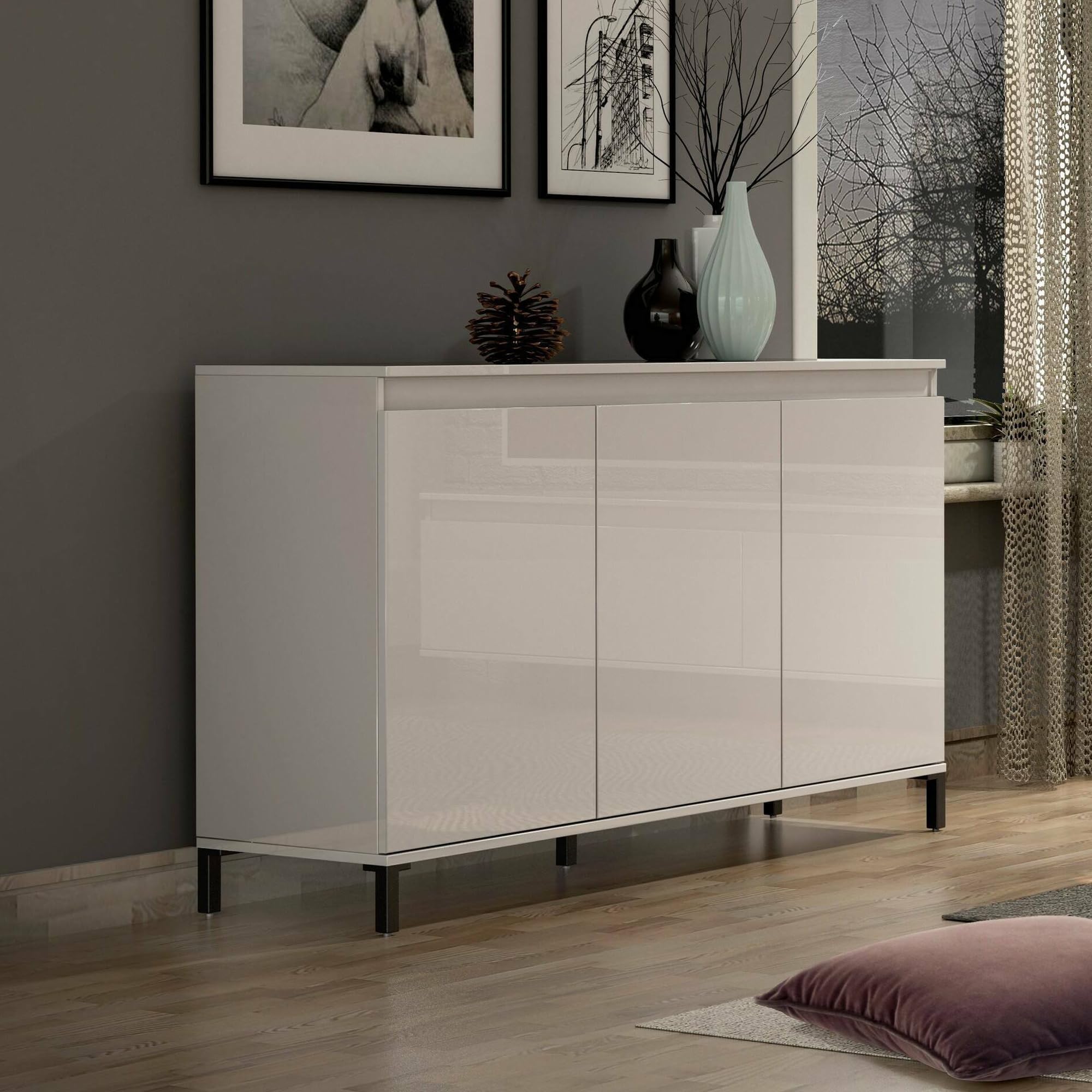 Dmora - Credenza Nyandeni, Buffet da soggiorno, Madia da salotto, Dispensa da cucina, Made in Italy, 138x40h90 cm, Bianco lucido e Antracite