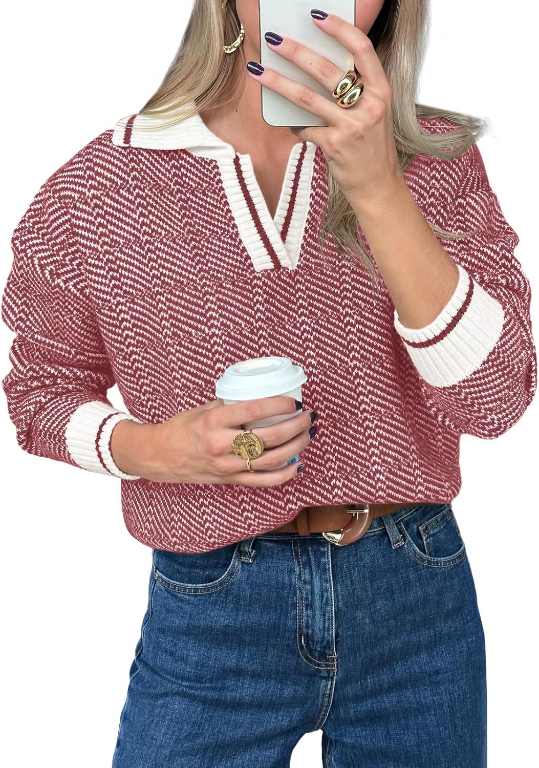 Saodimallsu Womens Fall Sweaters Tops Lapel V Neck Knit Sweater Color Block Long Sleeve Casual Soft Pullover Shirt