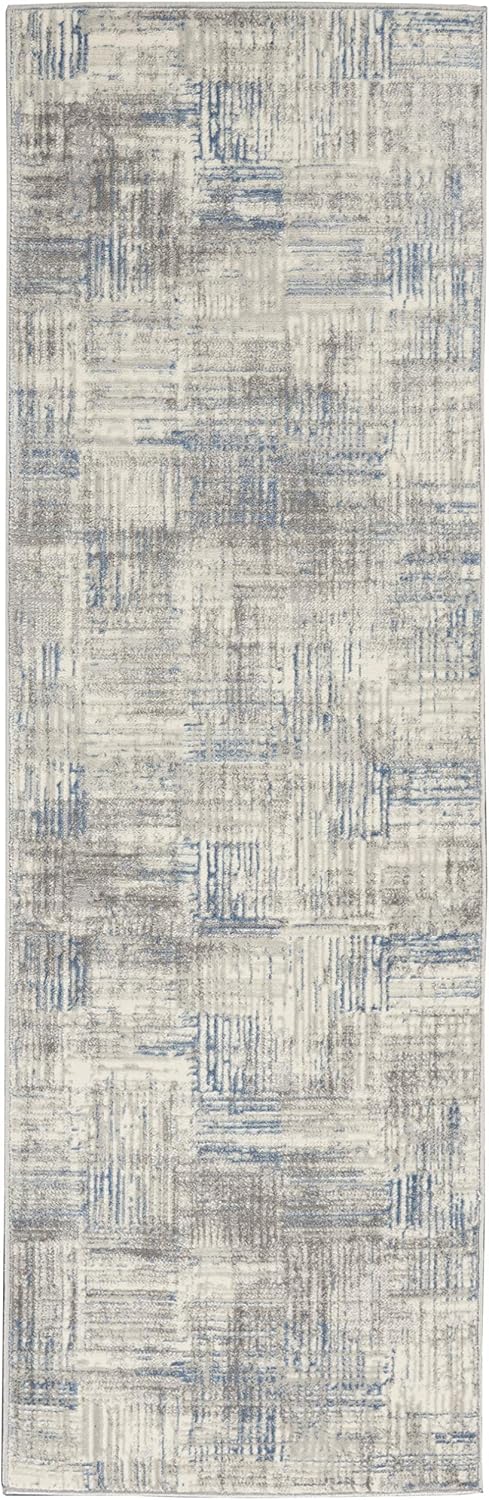 Nourison Home Solace Modern Rustic Ivory/Grey/Blue 2'3" x 7'3" Area -Rug, Easy -Cleaning, Non Shedding, Bed Room, Living Room, Dining Room, Kitchen, (7' Runner)