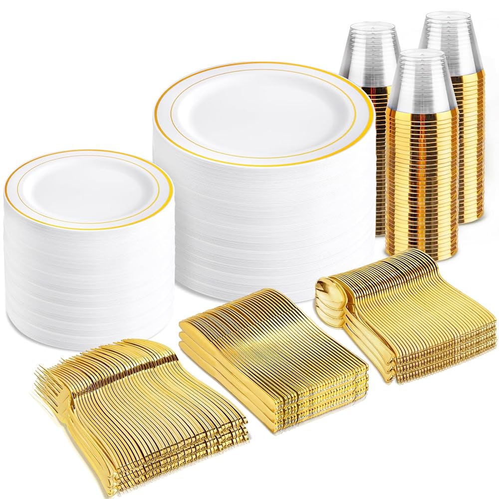 bUCLA 600Pcs White and Gold Plastic Plates - Gold Disposable Dinnerware Set for 100 Guests Include 100 Dinner & 100 Dessert Plates, 100 Cups, 100 Forks, 100 Spoons, 100 Knives for Party