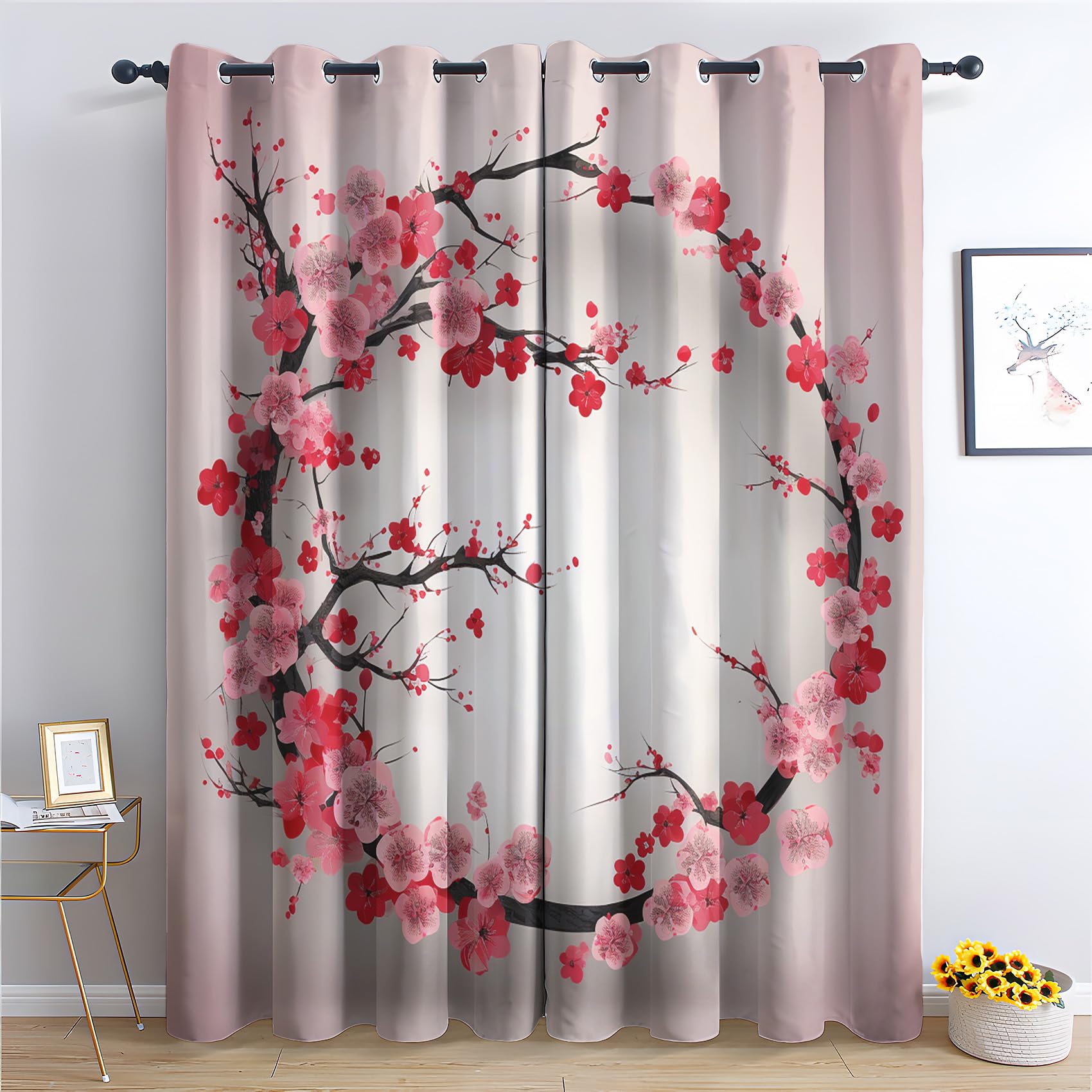Rideau Occultant, Motif Fleur de Cerisier Japonais - Rideaux Thermiques Imprimé pour Salon Chambre Fenetre, Lot de 2 Rideaux et Draperies Intérieurs à Oeillets, 140x240 cm (L x H)