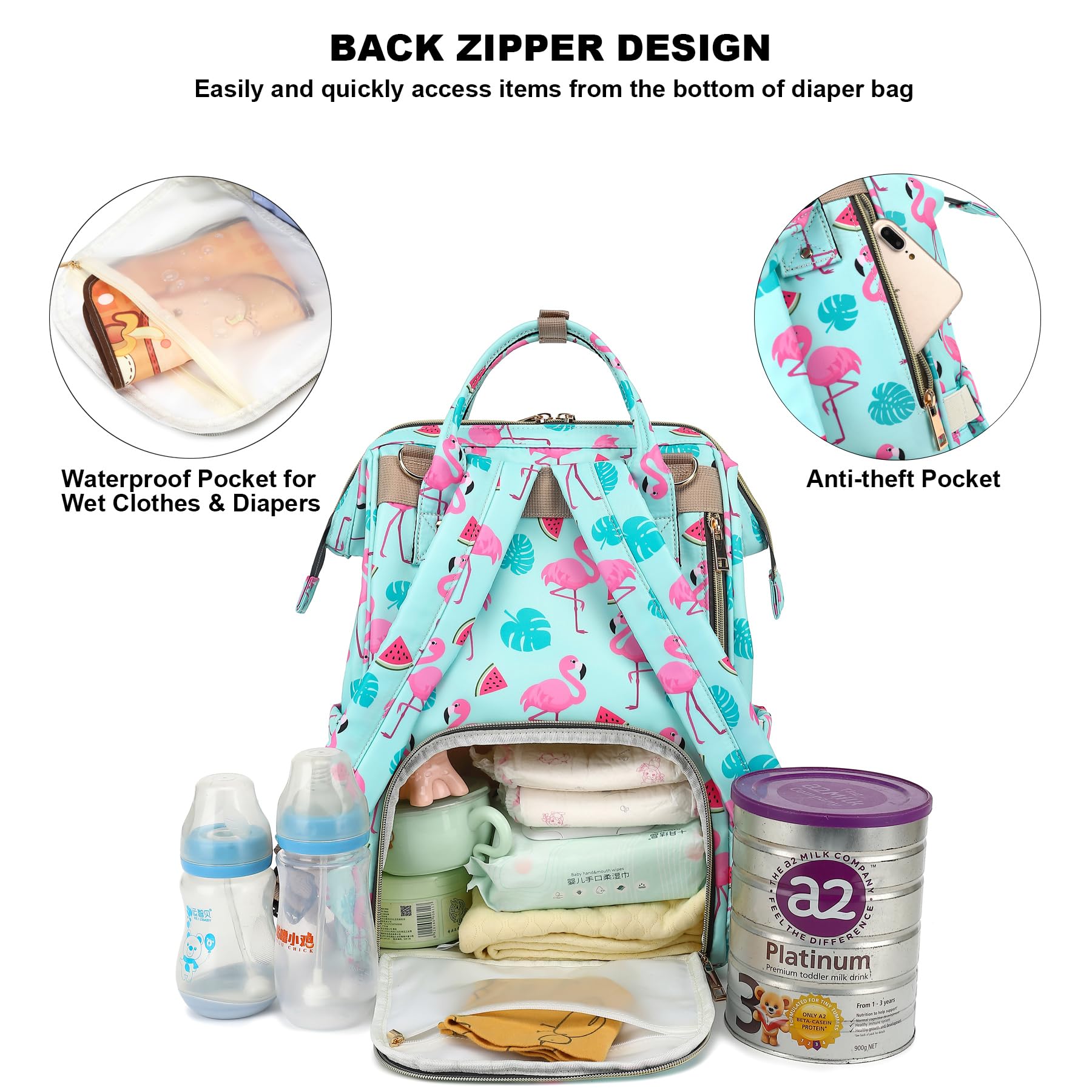 Changing Bag Backpack for Baby Girls Boys Large Capacity Multifunction Waterproof Maternity Mom Nappy Diaper Bags with Stroller Straps (Flamingo) - Image 4