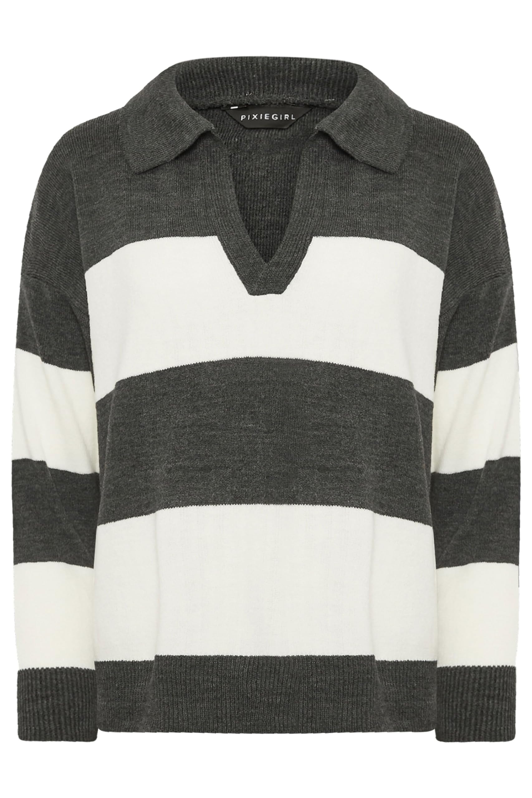 PixieGirl Grey Stripe Collared Knitted Jumper Petite